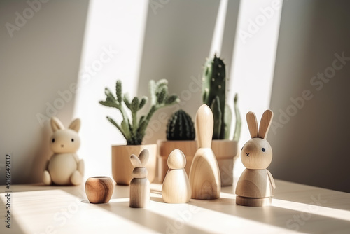Zero waste eco wooden toys with green plants on the background. AI Generated.