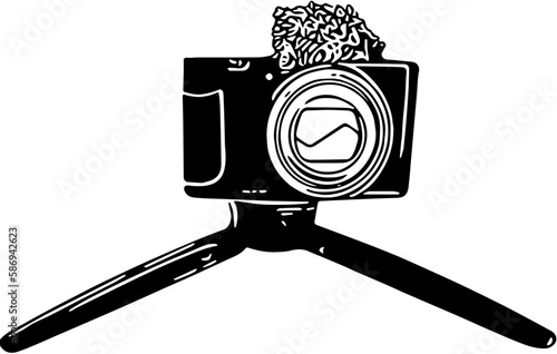 Small video camera with windscreen on a small tripod.  Vector outlines. 