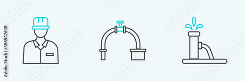 Set line Oil pump or pump jack, Oilman and Industry pipe and valve icon. Vector