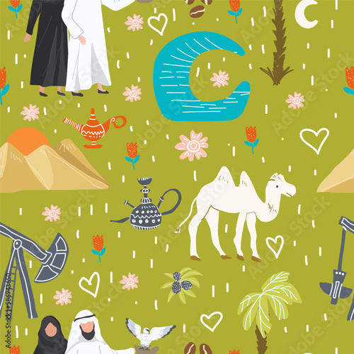 Abu Dhabi, Dubai, United Arab Emirates seamless pattern hand drawn vector illustration. Background, digital paper, for guidebook, poster, travel booklet, fashion design.
