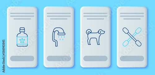 Set line Pet shower, Dog, medicine bottle and Cotton swab for ears icon. Vector