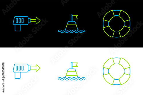 Set line Lifebuoy, Fishing harpoon and Floating the sea icon. Vector