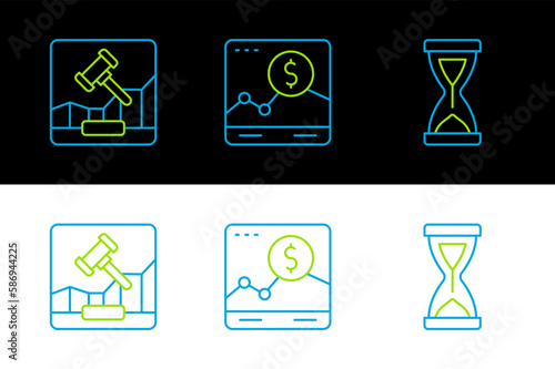 Set line Old hourglass, Online internet auction and Website with growth graph icon. Vector