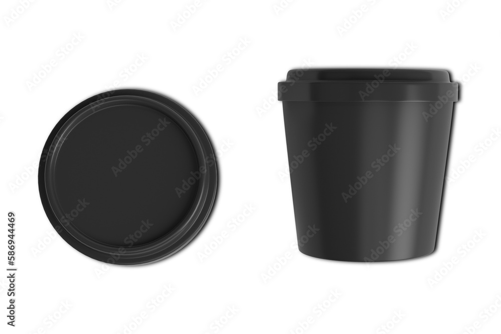 Black Bucket with cap top view mockup isolated on white background: ice