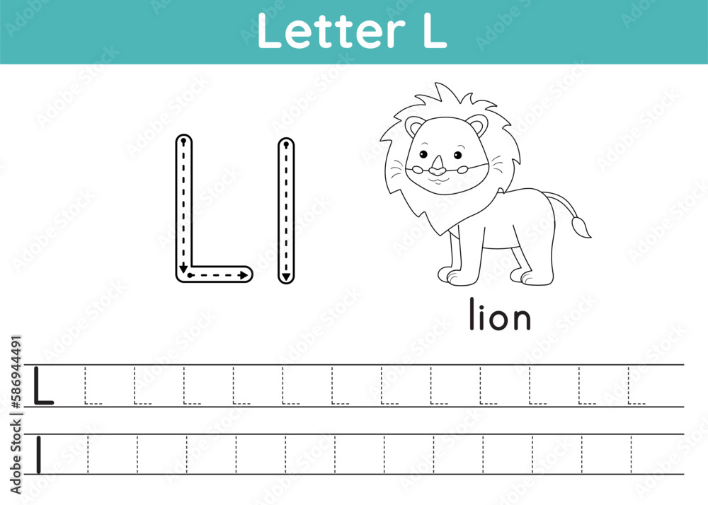 Fototapeta premium Alphabet ABC, a-z exercise. Coloring page. Trace letter L. Vocabulary for coloring book. Cute kawaii lion. Printable activity worksheet. Educational game. Vector illustration