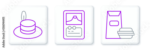 Set line Burger, Man hat and Card game icon. Vector