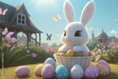 cute easter bunny surrounded by colorful easter eggs with flowers in the background
