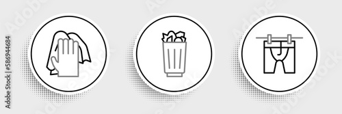 Set line Drying clothes, Cleaning service and Full trash can icon. Vector