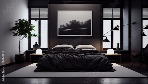 Clean style black bedroom interior