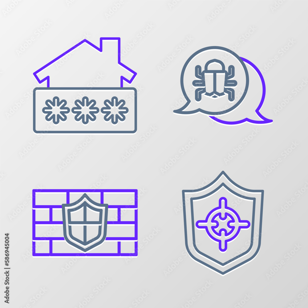 Set line Shield, with brick wall, System bug and House password icon. Vector Set line Shield, with brick wall, System bug and House password icon. Vector