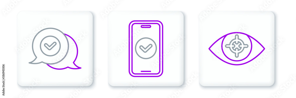 Set line Eye scan, Check mark in speech bubble and Smartphone icon. Vector Set line Eye scan, Check mark in speech bubble and Smartphone icon. Vector