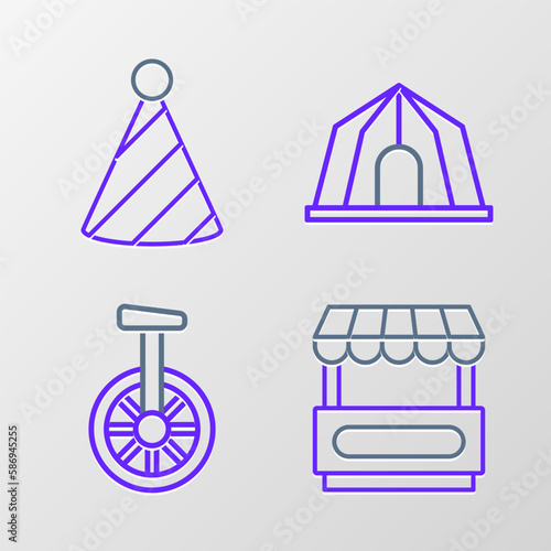 Set line Fast street food cart, Unicycle or one wheel bicycle, Circus tent and Party hat icon. Vector