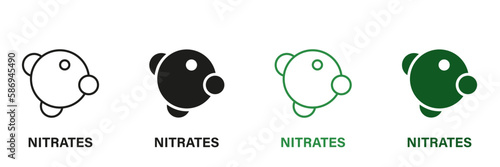 Nitrite Ingredient Line and Silhouette Icon Set. Organic Nutrition Green and Black Pictogram. Molecular Nitrates Additives Symbol Collection on White Background. Isolated Vector Illustration