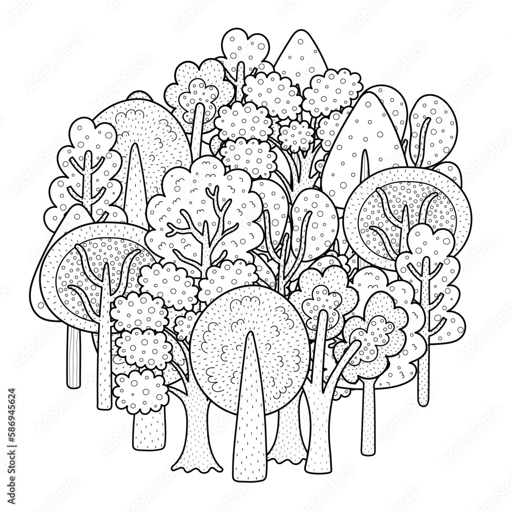 Fantasy doodle forest circle shape coloring page. Hand drawn mandala with trees for coloring