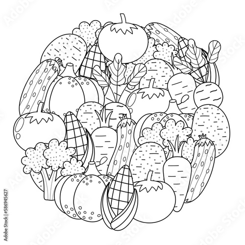 Fresh vegetables circle shape pattern for coloring book. Doodle healthy food mandala coloring page. Black and white print with corn, pumpkin, tomato, broccoli, etc. Vector illustration