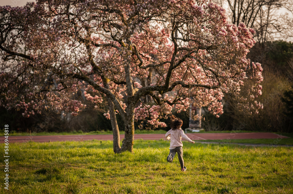 Person in nature. Child running. One Asian girl running under blooming Magnolia flowers.