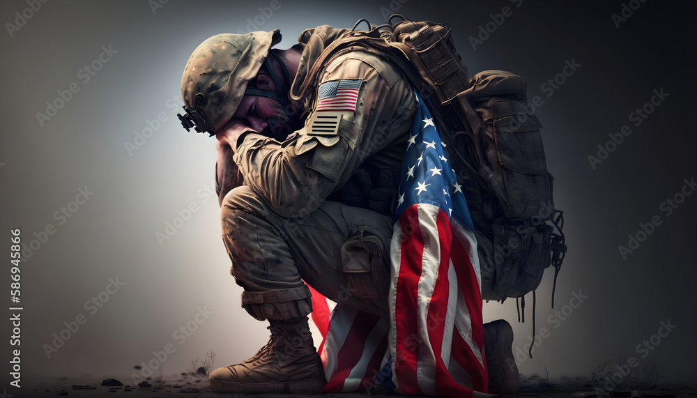 American soldier standing on one knee, bowing his head in grief and sadness, covering his face with his hands, with his back covered in American flag. Generative AI illustration