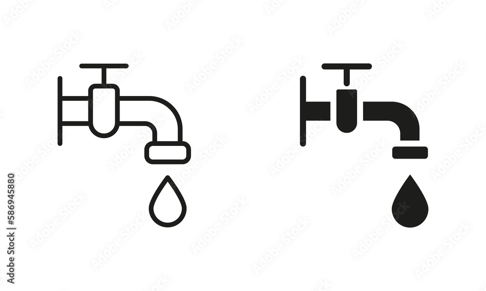 Faucet and Drop of Water Black Pictogram. Water Tap with Classic Valve Silhouette and Line Icon Set. Bathroom Symbol Public Service, Plumbing Symbol Collection. Vector Isolated Illustration Faucet and Drop of Water Black Pictogram. Water Tap with Classic Valve Silhouette and Line Icon Set. Bathroom Symbol Public Service, Plumbing Symbol Collection. Vector Isolated Illustration