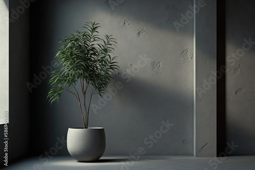 Contemporary concrete interior with plant in pot