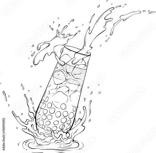 Boba tea in a glass and water or juice splash. Taiwanese bubble milk tea. Black pearls popular drink. Vector hand drawn sketch illustration isolated on white. Design for print, coloring book page