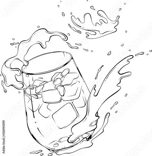 Cold cocktail with pomegranate, ice and water or juice splash. Vector illustration in hand drawn sketch doodle style. Line art fresh exotic drink isolated on white. Element for design, coloring book