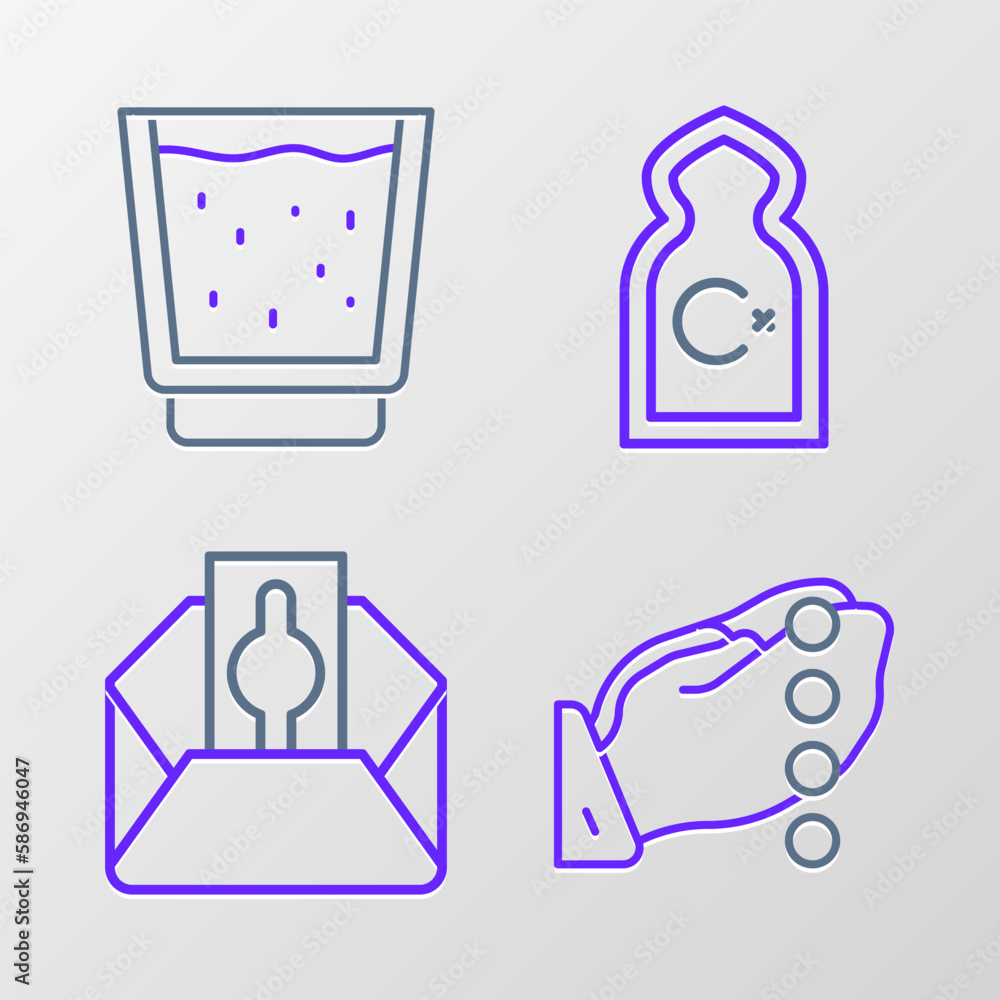 Set line Hands in praying position, Donate or pay your zakat, Muslim Mosque and Glass with water icon. Vector Set line Hands in praying position, Donate or pay your zakat, Muslim Mosque and Glass with water icon. Vector