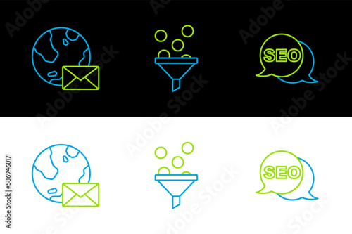 Set line SEO optimization, Earth globe with mail and Lead management icon. Vector