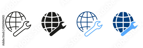Network Settings Black and Color Pictogram. Internet Settings Symbol Collection. Globe and Wrench Line and Silhouette Icon Set. Isolated Vector Illustration
