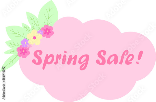 "Spring sale" sticker for banners and web pages. Words "Spring Sale" on a cloud-shape pink background with colorful flowers and leaves.