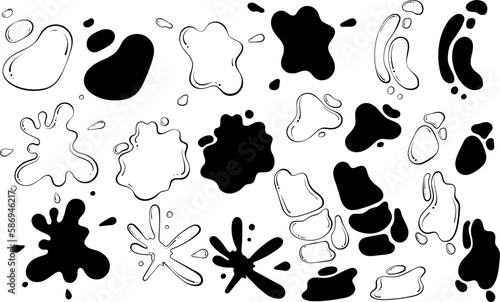 Liquid drops and blots shapes. A puddle of water or paint. Spray of fluid. Black illustration in hand drawn sketch doodle style. Vector graphics isolated on white. Abstract monochromatic spots.