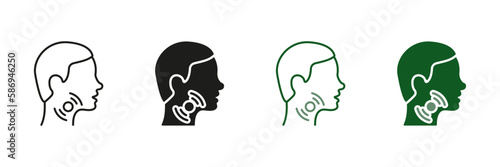 Painful Sore Throat Symbol Collection. Sore Throat Line and Silhouette Icon Set. Male Head with Symptoms of Angina, Flu, Cold Pictogram. Isolated Vector illustration