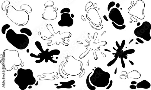 Liquid drops and ink blots shapes. A puddle of water or paint. Spray of fluid. Black illustration in hand drawn sketch doodle style. Vector graphics isolated on white. Abstract monochromatic spots.