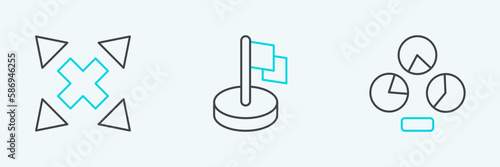 Set line Pie chart infographic, Many ways directional arrow and Flag icon. Vector