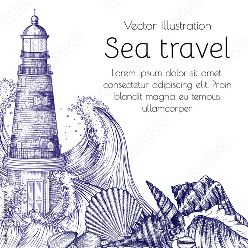 Vector illustration of a brick lighthouse in a stormy sea and shells in the style of engraving