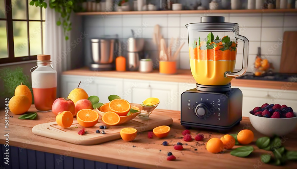 mixer of fruit orange juice with salad dish breakfast on the wooden table in the modern kitchen, Generative ai mixer of fruit orange juice with salad dish breakfast on the wooden table in the modern kitchen, Generative ai