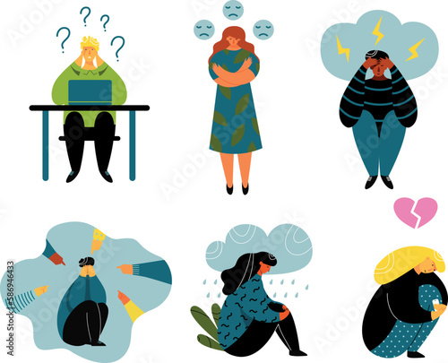 People at depression condition unhappy sad with bad mood psychological problem set vector flat