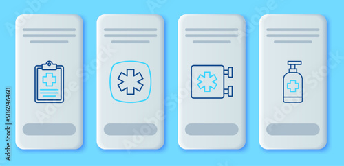 Set line Emergency - Star of Life, Patient record and Antibacterial soap icon. Vector
