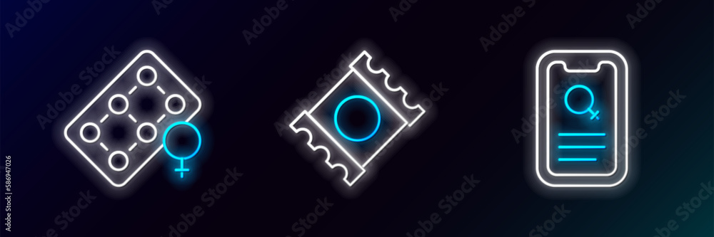 Set line Dating app, Packaging of birth control pills and Condom package icon. Glowing neon. Vector Set line Dating app, Packaging of birth control pills and Condom package icon. Glowing neon. Vector