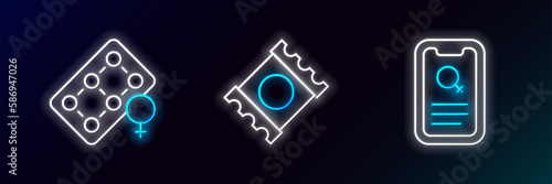 Set line Dating app, Packaging of birth control pills and Condom package icon. Glowing neon. Vector