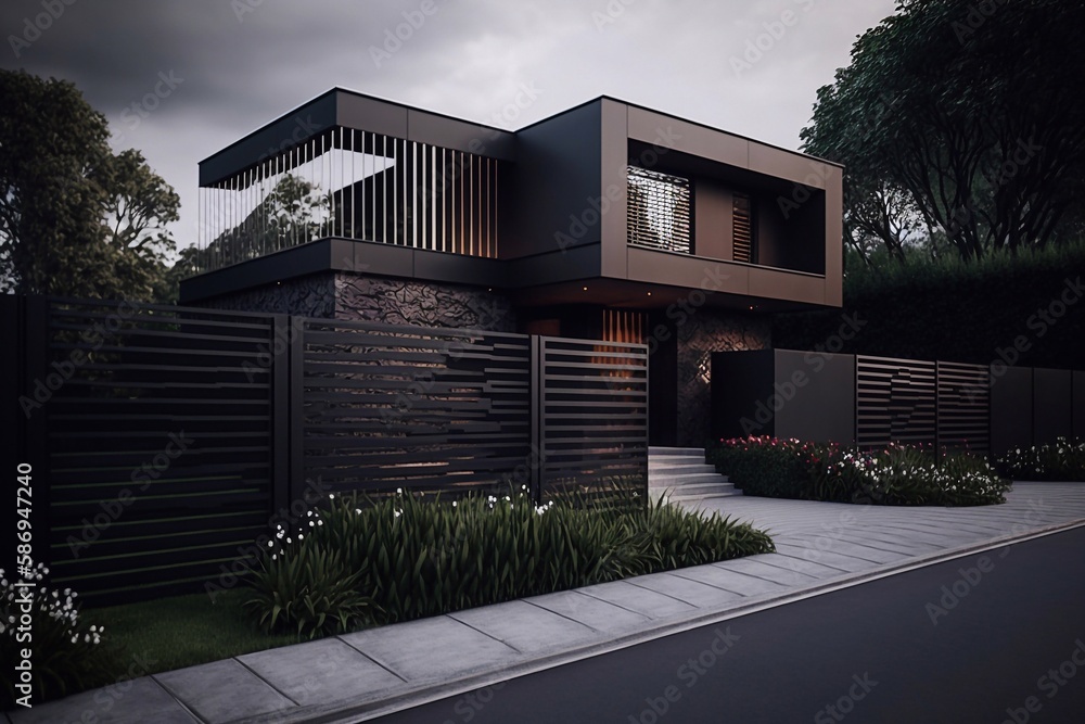 New modern contemporary house exterior with fence and front door. Generative AI New modern contemporary house exterior with fence and front door. Generative AI