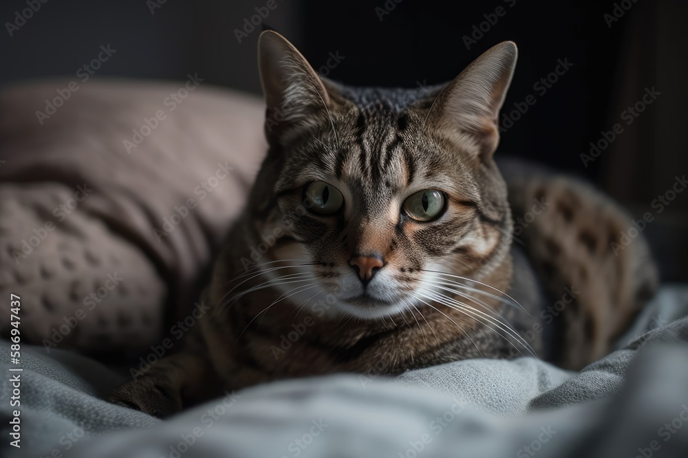 adorable tabby cat resting on a mattress. selective attention. Generative AI