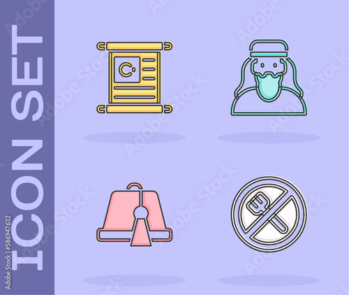 Set Ramadan fasting, Holy book of Koran, Turkish hat and Muslim man icon. Vector