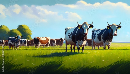 Cows grazing on green pasture grass meadow. Generative AI