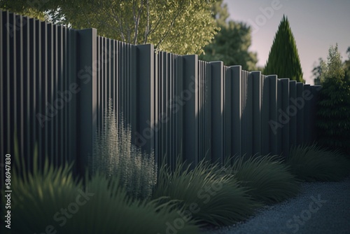 High grey fence modern barrier aluminum slats suburb house protection. Generative AI