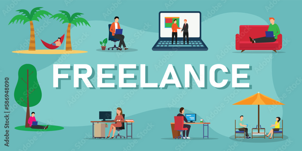 Working at home, coworking space, Feeelance work 2d vector illustration concept for banner, website, illustration, landing page, flyer Working at home, coworking space, Feeelance work 2d vector illustration concept for banner, website, illustration, landing page, flyer