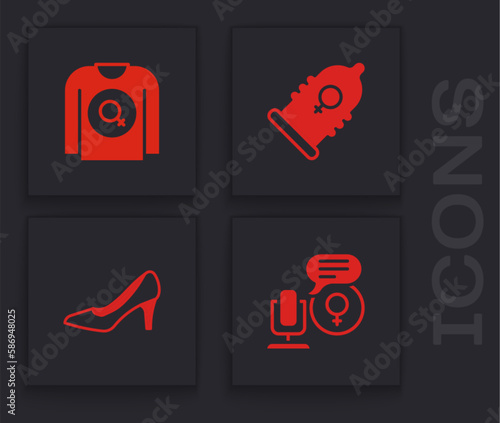 Set Microphone, Feminist shirt, Condom and Woman shoe icon. Vector