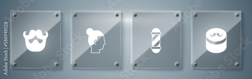 Set Gel or wax for hair styling, Classic Barber shop pole, Hairstyle men and Mustache and beard. Square glass panels. Vector
