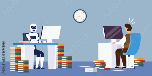Robot vs human - High productivity artificial intelligence working at PC 2d vector illustration concept for banner, website, illustration, landing page, flyer
