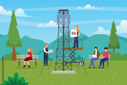 Leinwand Poster 5G Tower installation - People use wireless 5G in park 2d vector illustration co