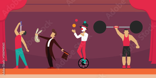 Circus artists on stage, carnival show with acrobats 2d vector illustration concept for banner, website, illustration, landing page, flyer